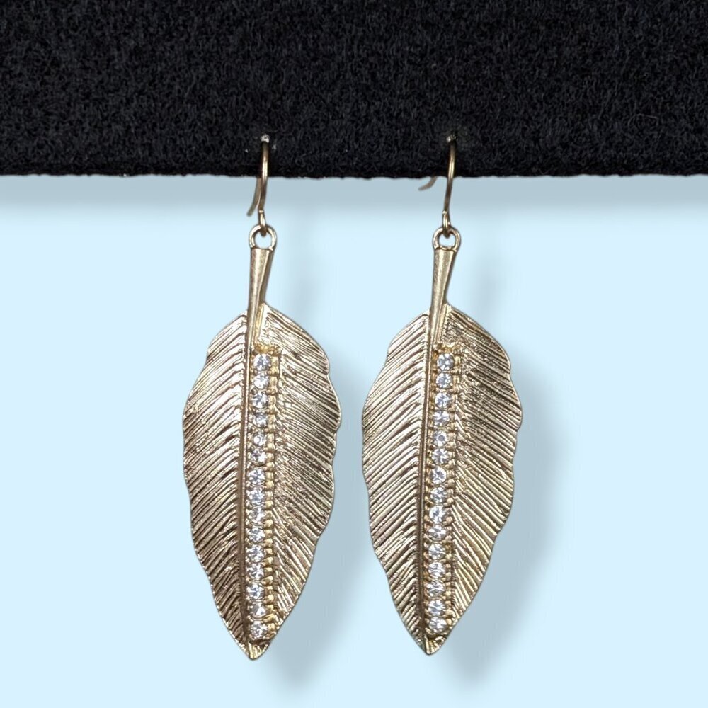 Gold Tone Feather Rhinestone Accent Earrings